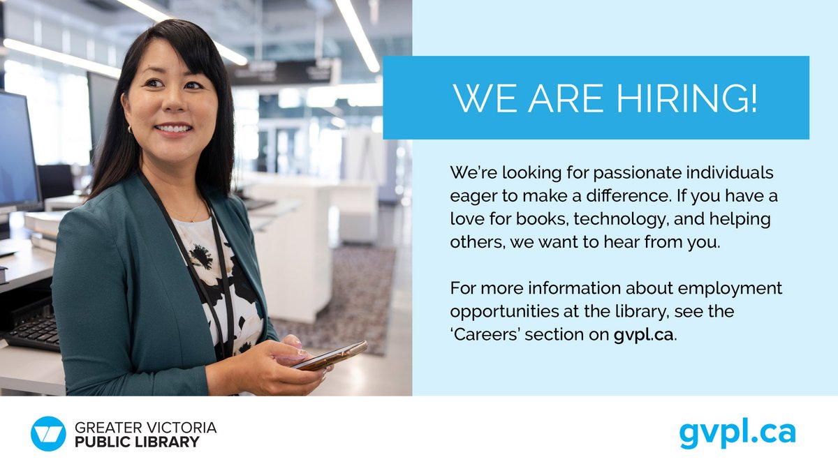 We're hiring Librarians II! Are you passionate about public service, literacy, and building strong community connections? Join a team that is committed to responsive, community-inspired library service across Greater Victoria.

Learn more and apply: ow.ly/iB9150WorcI.