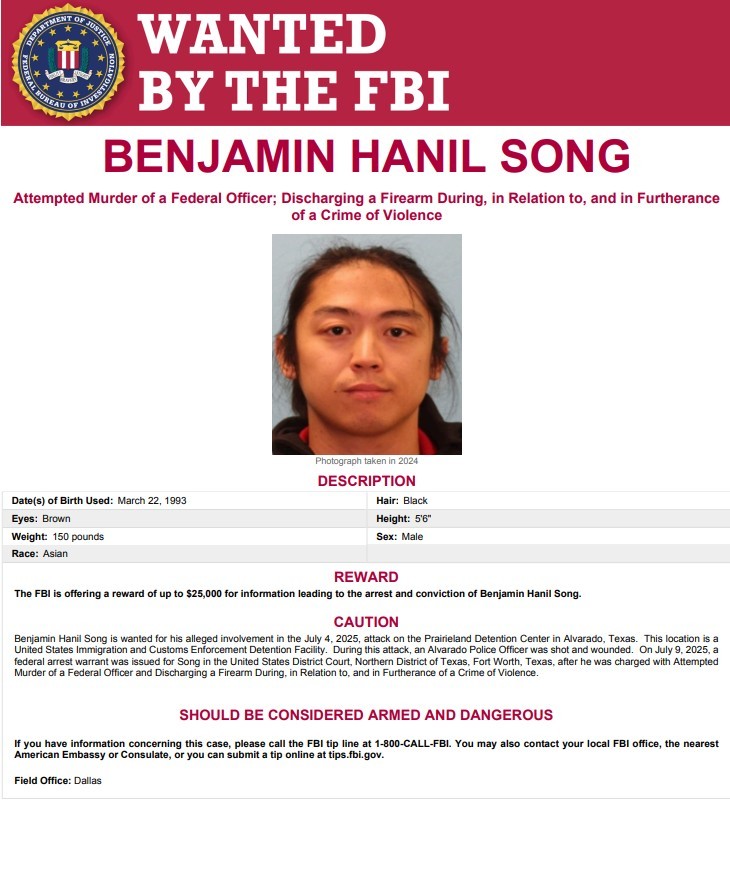 FBISanAntonio's tweet image. FBI-DL is seeking the public’s assistance in locating Benjamin Hanil Song and the FBI is offering a reward of up to $25,000 for information leading to his arrest and conviction. Please call 1-800-CALL-FBI or submit a digital tip to fbi.gov/prairieland