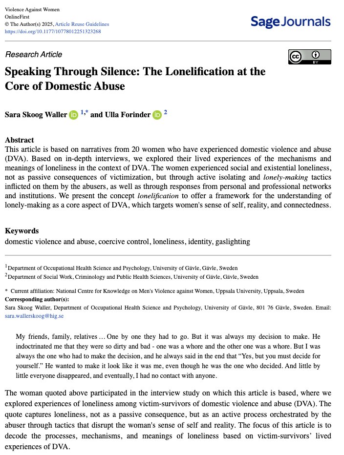 VAWJournal's tweet image. Led by @saraskoogwaller, this piece introduces “lonelification” — a form of entrapment that domestic abusers use to isolate women by disconnecting them from their sense of reality, identity, and other meaningful contexts.
Read more about this study here: journals.sagepub.com/doi/full/10.11…
