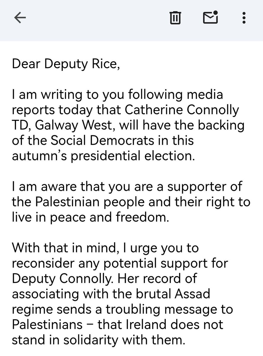 CS Blennerhassett ๐บ๐ฆ๐ต๐ธ๐น๐ผ๐ง๐ฆ๐ฆ๐ฒ๐ต๐ฆ (@csblenner) on Twitter photo I have tonight emailed every <a href="/SocDems/">Social Democrats</a> TD to ask them to reconsider the partyโs decision to endorse Catherine โAssadโ Connolly for President of Ireland.
This is a slap in the face of the Palestinian people, whose slaughter by Bashar al-Assad Deputy Connolly whitewashed.
๐ฎ๐ช๐๏ธ๐ต๐ธ I have tonight emailed every <a href="/SocDems/">Social Democrats</a> TD to ask them to reconsider the partyโs decision to endorse Catherine โAssadโ Connolly for President of Ireland.
This is a slap in the face of the Palestinian people, whose slaughter by Bashar al-Assad Deputy Connolly whitewashed.
๐ฎ๐ช๐๏ธ๐ต๐ธ