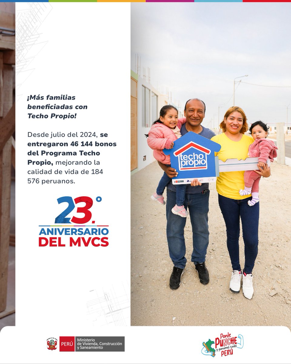 viviendaperu's tweet photo. #23AniversarioMVCS | ✅ Desde julio del 2024, más de 46 mil familias ya cumplieron el sueño de la casa propia gracias al bono del Programa Techo Propio. 🏠
¡Seguimos mejorando la calidad de vida de más peruanos!
#TechoPropio #ConstruimosFuturo https://t.co/Ks4hcUUJky