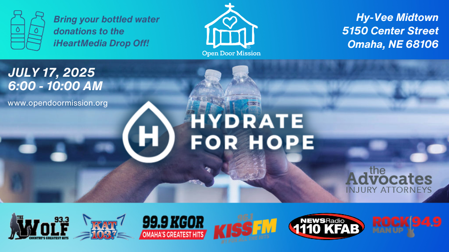 We're thrilled to be partnering with <a href="/OpenDoorMission/">Open Door Mission</a> again this year for our Hydrate for Hope water bottle collection. 

Please come drop off your donations next Thursday from 6-10AM at <a href="/HyVee/">Hy-Vee</a> (5150 Center Street).