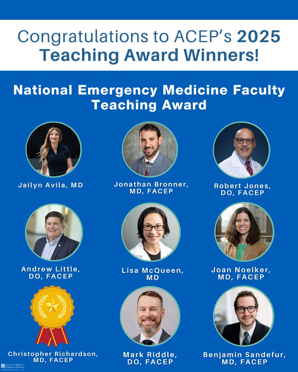 ACEPNation's tweet photo. Congratulations to ACEP's 2025 Teaching Award Winners! 🌟 We are so proud of the 22 emergency physicians that were recognized. Let's go #acepnation! 🎉

https://t.co/7QeVUU0XRz https://t.co/TQ7OIL4b7P