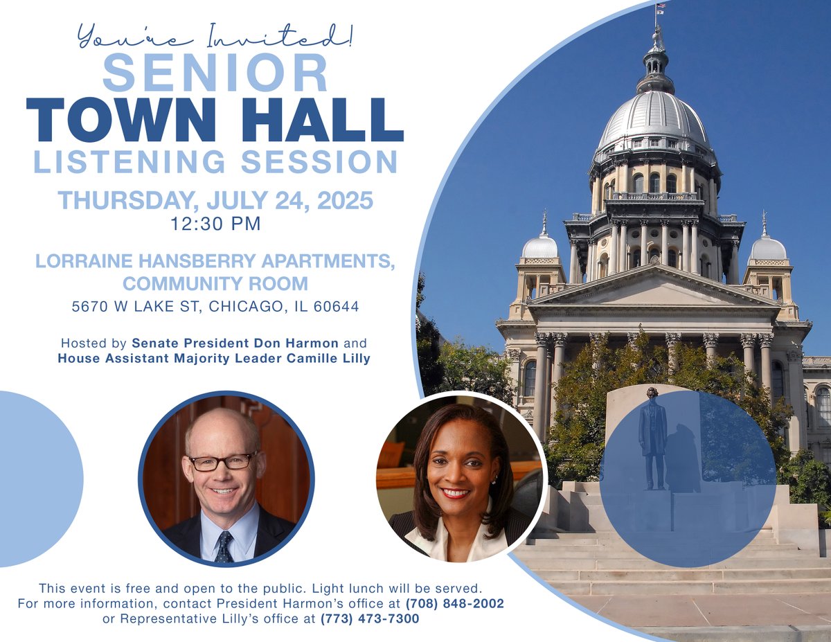 Senate President Don Harmon (@donharmonil) on Twitter photo Coming up this month: Join me and <a href="/replilly78/">State Rep. Camille Y. Lilly</a> at a senior town hall.
🏡: Lorraine Hansberry Apartments, 5760 W. Lake St., Chicago
📅: Thursday, July 24
⏱ : 12:30 PM
I hope to see you there! Coming up this month: Join me and <a href="/replilly78/">State Rep. Camille Y. Lilly</a> at a senior town hall.
🏡: Lorraine Hansberry Apartments, 5760 W. Lake St., Chicago
📅: Thursday, July 24
⏱ : 12:30 PM
I hope to see you there!