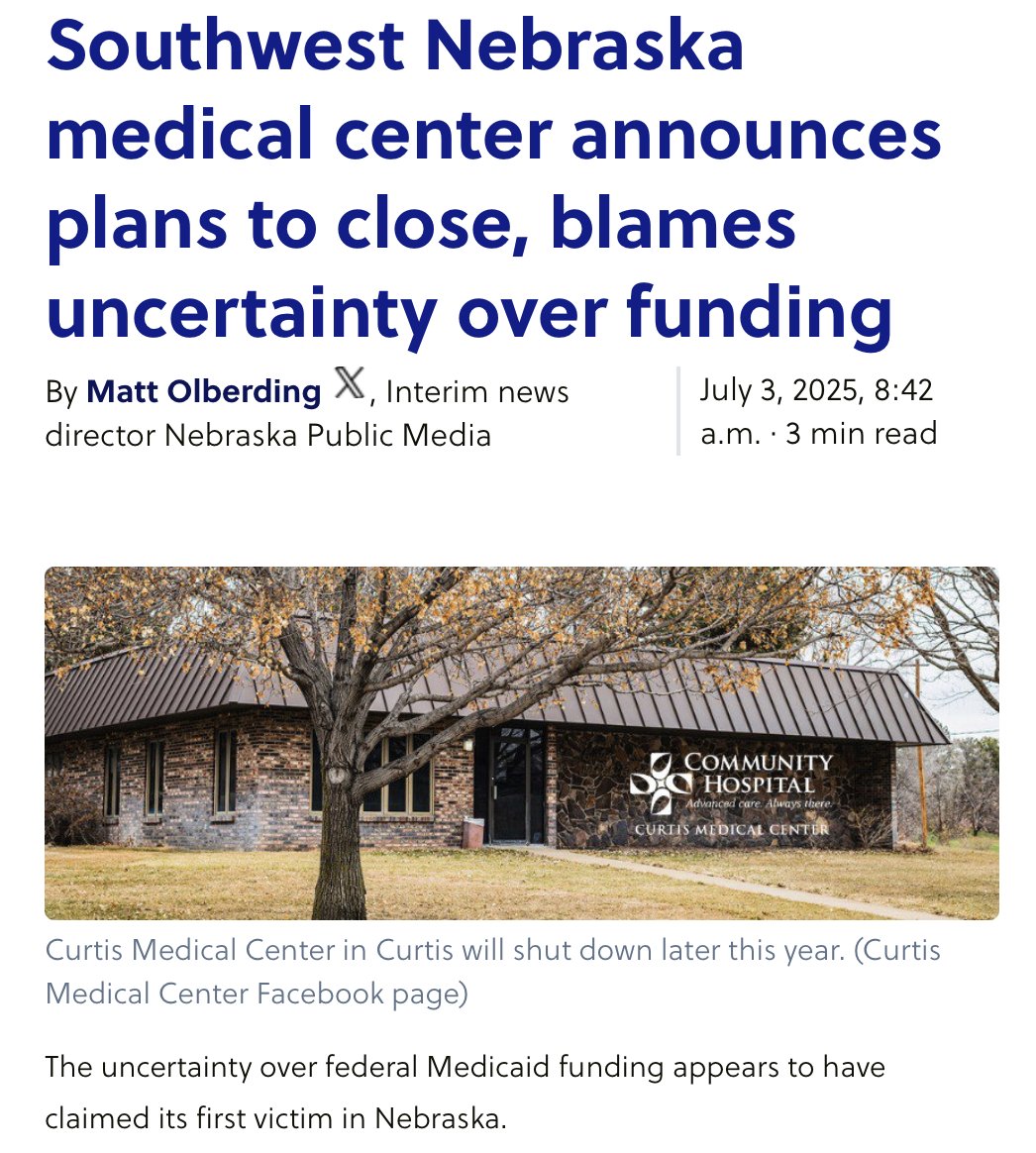 HCAN's tweet image. We will see this more and more. Rural hospitals across the country are already preemptively closing and cutting services because of the #BigBeautifulBill.
