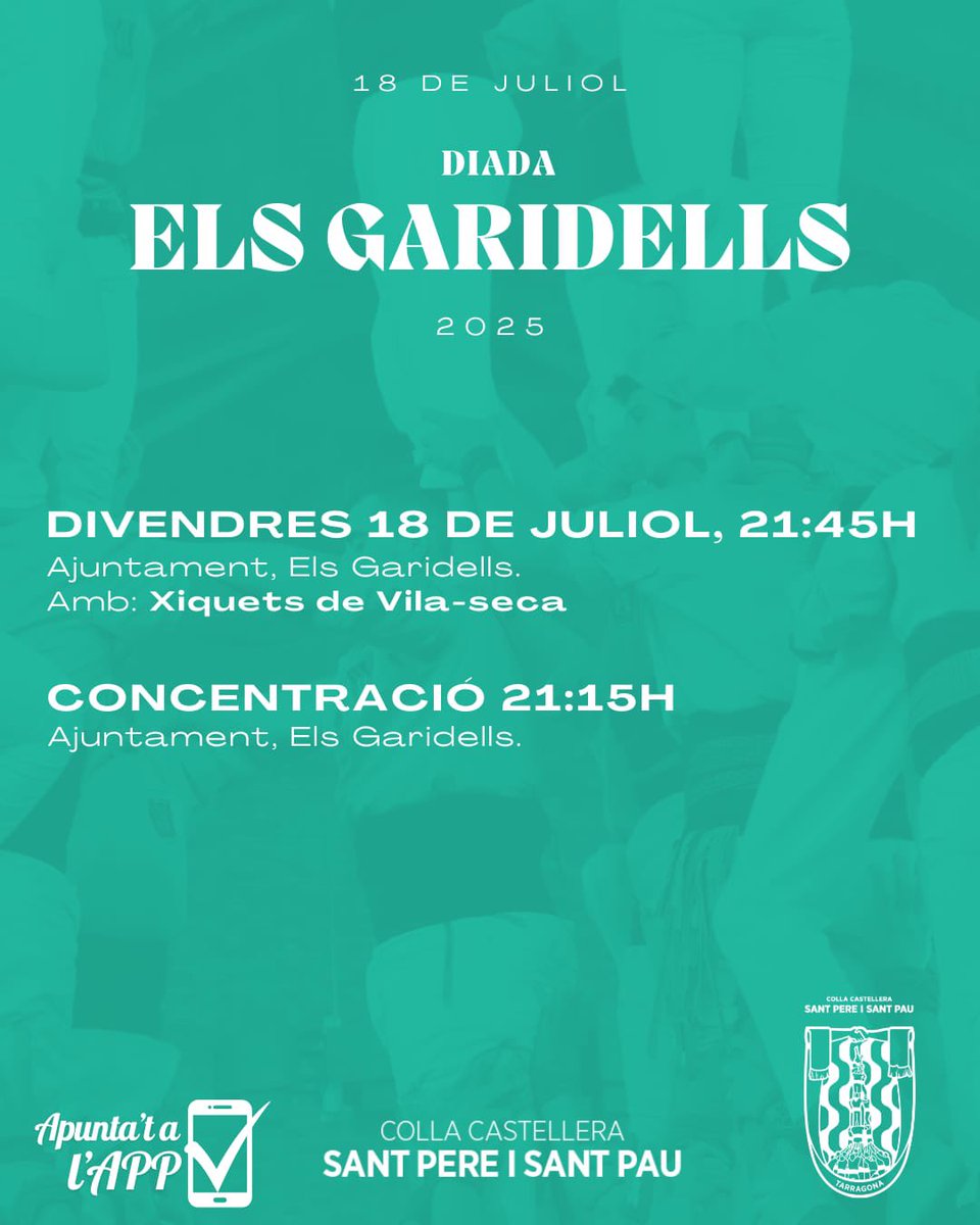 CC Sant Pere i Sant Pau (@ccspisp) on Twitter photo 💚 El divendres vinent tenim actuació als GARIDELLS!
🕘 21.45h inici diada (concentració a les 21.15h)
📍Devant de l’Ajuntament dels Garidells
🫂 Actuarem juntament amb <a href="/xiquetsvs/">Xiquets de Vila-seca</a>
🥳 Després de la diada hi haurà revetlla i foodtrucks!
#castells #castellers #castelleres 💚 El divendres vinent tenim actuació als GARIDELLS!
🕘 21.45h inici diada (concentració a les 21.15h)
📍Devant de l’Ajuntament dels Garidells
🫂 Actuarem juntament amb <a href="/xiquetsvs/">Xiquets de Vila-seca</a>
🥳 Després de la diada hi haurà revetlla i foodtrucks!
#castells #castellers #castelleres