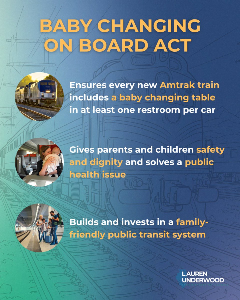 RepUnderwood's tweet image. My bipartisan Baby Changing on Board Act has passed the House and is full steam ahead to the Senate! 🚂❤️
We’re making sure every new Amtrak train has a baby changing station in at least one restroom per car.