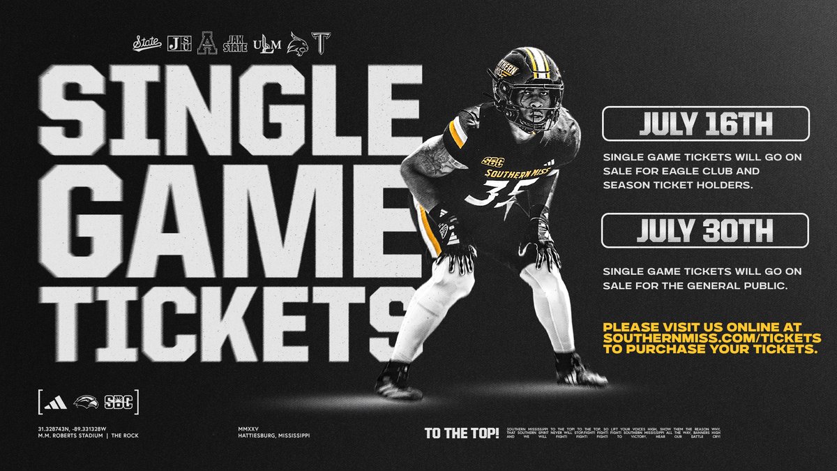 Single-game tickets coming soon ⏳🔜

➡️ » July 16
Eagle Club &amp; season ticket holders

➡️ » July 30
General public

Visit southernmiss.com/tickets for more info!

#FlipTheScript | #SMTTT