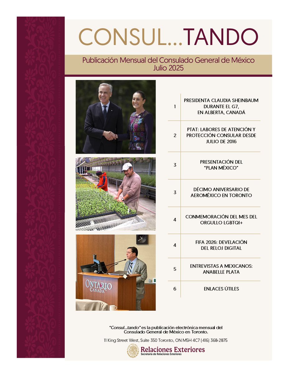 La edición de julio de 2025 del boletín "CONSUL...TANDO" ya se encuentra disponible en su versión electrónica.

Consulta las actividades realizadas por el <a href="/ConsulMexTor/">Consulmex Toronto</a> y su programa de las siguientes semanas en el enlace en su página web:

➡ bit.ly/4lNP85F