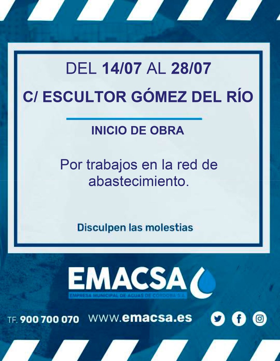 🔔 Os informamos que:
👉🏻 Corte parcial de tráfico en CALLE ESCULTOR GÓMEZ DEL RÍO (entre Alcalde Guzmán Reina y Esc. Martínez Cerrillo) por trabajos en red de abastecimiento (CT 183/2025).
·
Del 14 al 28 de julio
¡Disculpen las molestias!
#Emacsa #obras #agua #TrabajamosPorUsted