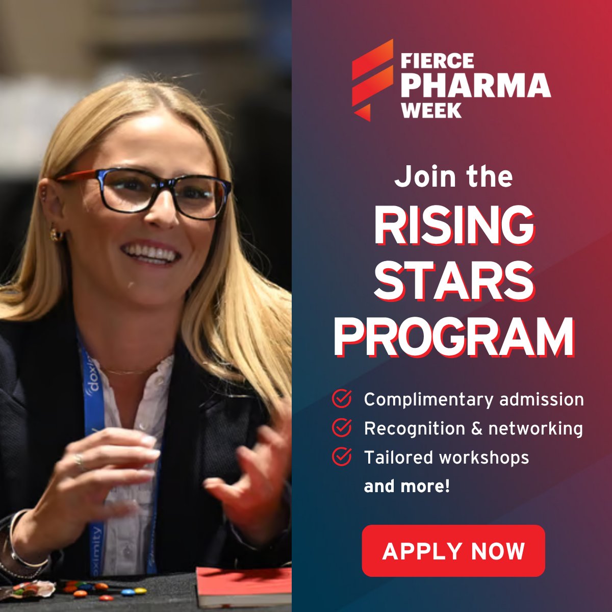We see you doing BIG things 👀 Apply to the Rising Stars Program at #FiercePharmaWeek for: 🎟 Complimentary access to the  event, 🌟 VIP recognition + mentorship, and 📈 Career-boosting workshops. Apply now: loom.ly/w8HCm_M
#FiercePharmaWeek #WeAreFierce #RisingStars