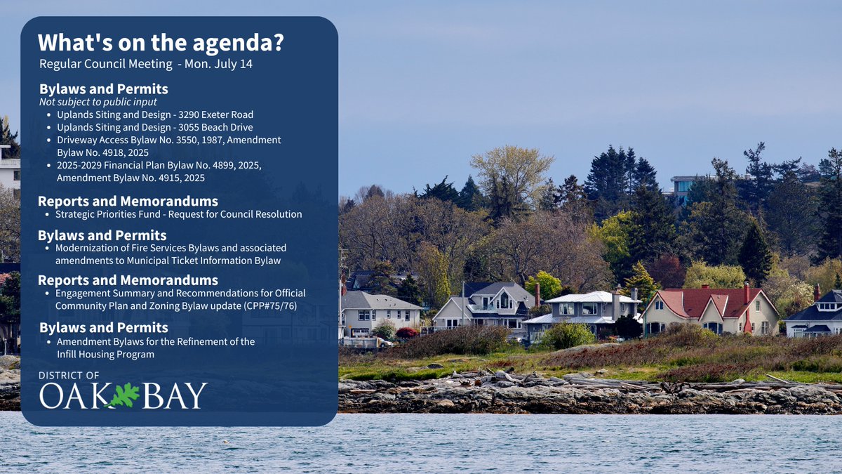 📣 The agenda is live for Monday's Council Meeting, starting at 7:00 p.m. at Municipal Hall Council Chambers.

See the full agenda and join the livestream by visiting: oakbay.civicweb.net