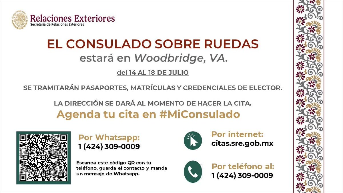 🚨 ¡Del 14 al 18 de julio estaremos atendiendo en Woodbridge, Virginia!

Programe tu cita para tramitar con nosotros su pasaporte, matrícula consular o credencial para votar.🚨