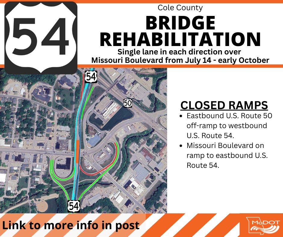 MoDOT_Central's tweet image. REMINDER: Overnight July 14, U.S. Route 54 over Missouri Boulevard will narrow to one lane in each direction and two ramps will close:
- EB U.S. 50 off-ramp to WB U.S. 54.
- Missouri Boulevard on ramp to EB U.S. 54.
modot.org/node/72108