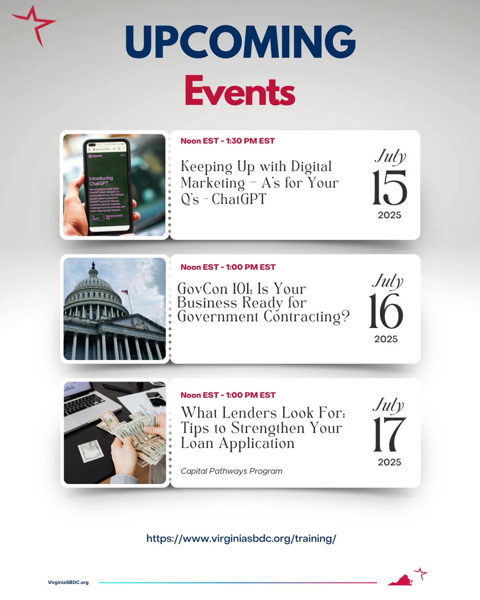 🚨 Virginia small business owners!

Want expert help to start, grow, or level up your business — for FREE?

The Virginia SBDC Network is offering live, virtual webinars led by pros who get small biz challenges.

📅 No cost. No fluff. Just real support.

🔗 clients.virginiasbdc.org/events.aspx