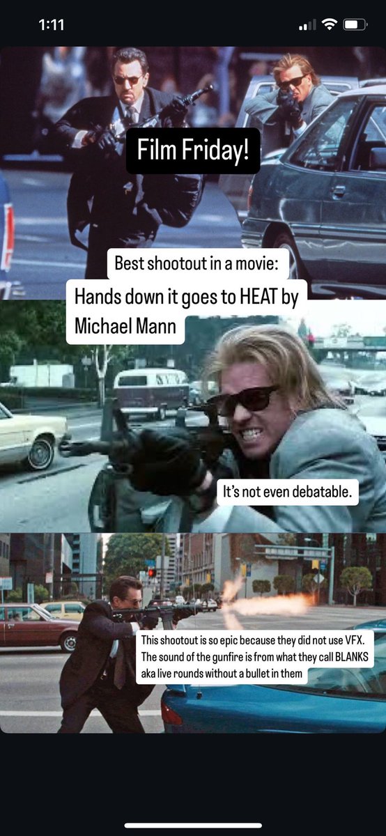 Film Friday: Best shootout in a Movie goes to HEAT by Michael Mann. It’s not even debatable. In fact Val Kilmers positioning was so impressive that the military uses this clip in training.