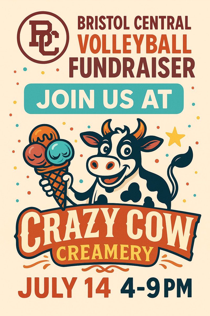 Mark your calendars!!! July 14 between 4-9pm Crazy Cow Creamery 388 Wolcott rd. Wolcott for a fundraiser to help support BC volleyball