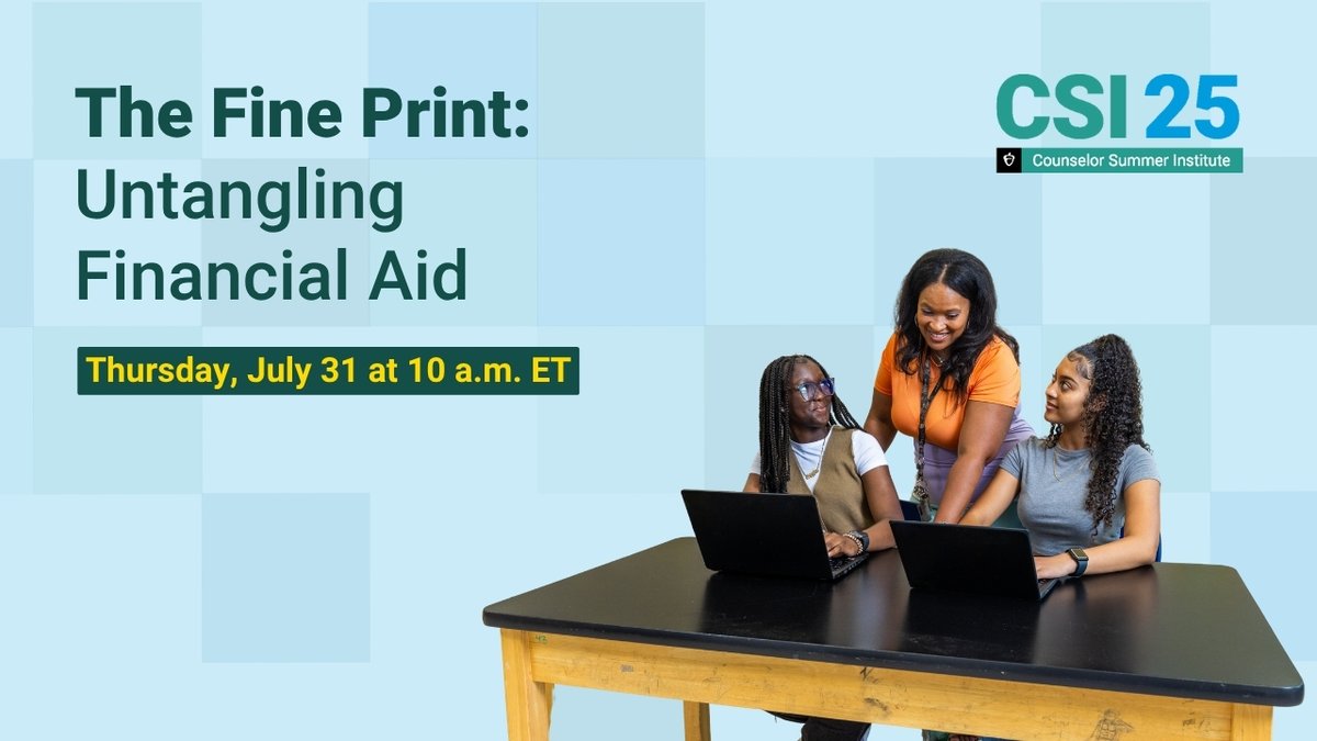 CollegeBoard's tweet image. Counselors, join us on July 31, 2025, at 10 a.m. ET to hear about strategies to effectively guide students in their financial planning for their academic futures.
Register: spr.ly/60164L3t6
This session is part of our Counselor Summer Institute on College Admissions…