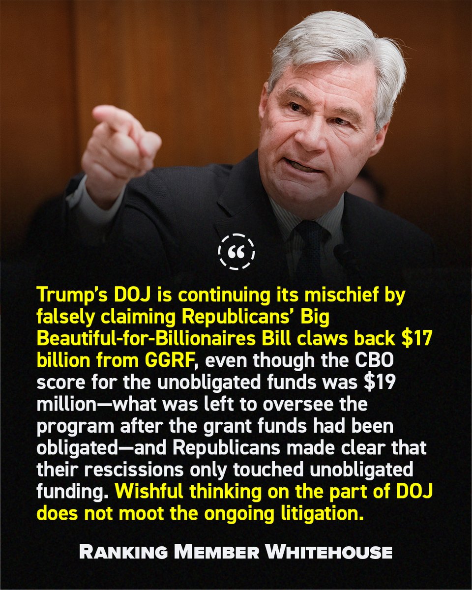 EPWCmte's tweet image. The Trump Admin launched an all-out assault on the Greenhouse Gas Reduction Fund, which helps lower energy bills and makes communities more climate resilient.
Now, it claims the Big, Beautiful-for-Billionaires Bill can rescind obligated funds. Another lie to serve the polluters.