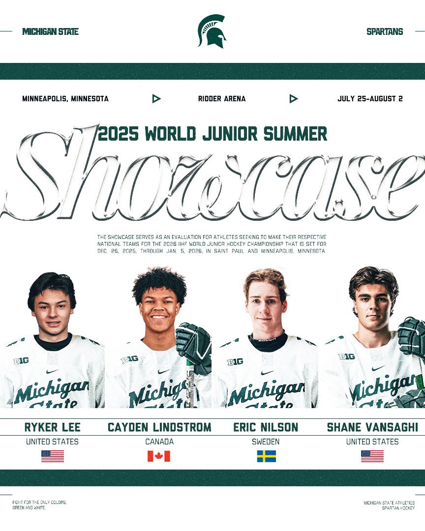 MSU_Hockey's tweet image. We’ve got four Spartans set to represent their home countries July 25 - August 2 at the 2025 World Junior Summer Showcase in Minneapolis!
#GoGreen