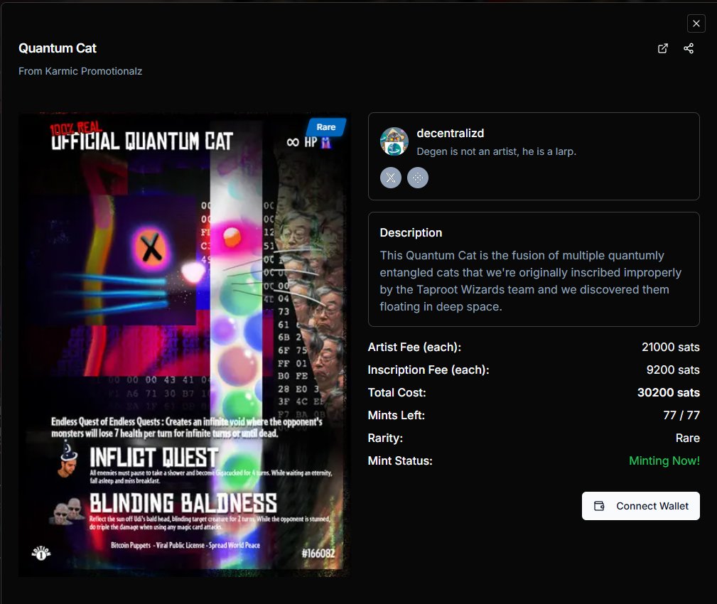 OrdX - Bitcoin Collectibles (@ordxcom) on Twitter photo Public Mint for The 100% Real Official Quantum Cat is live!
100% of art fee goes to funding the <a href="/BitcoinPuppets/">Bitcoin Puppets Community</a> Sprint Car!
Artist: <a href="/Decentralizd/">Degentralizd(๐โฎ๏ธ๐ดโโ ๏ธ)๐งช Building Alkanes</a>
Series: Karmic Promotionalz
Supply: 77
Rarity: Rare
ord-x.com/#Quantum-Cat Public Mint for The 100% Real Official Quantum Cat is live!
100% of art fee goes to funding the <a href="/BitcoinPuppets/">Bitcoin Puppets Community</a> Sprint Car!
Artist: <a href="/Decentralizd/">Degentralizd(๐โฎ๏ธ๐ดโโ ๏ธ)๐งช Building Alkanes</a>
Series: Karmic Promotionalz
Supply: 77
Rarity: Rare
ord-x.com/#Quantum-Cat