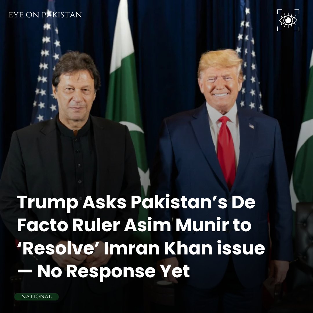 eyeonpakistan_'s tweet image. Trump reportedly asked Pakistan's military chief Asim Munir to resolve the Imran Khan issue.
So far? Silence.
When unelected men rule, even global pressure falls flat.
Pakistan remains hostage to one man’s ego.