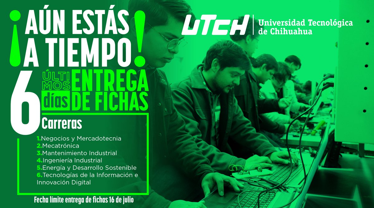ENTREGA DE FICHAS: 1 de mayo a 16 de julio.
Nuevo ingreso, periodo septiembre diciembre 2025.
Consulta el procedimiento y oferta académica en: utch.edu.mx/index.php/aspi…