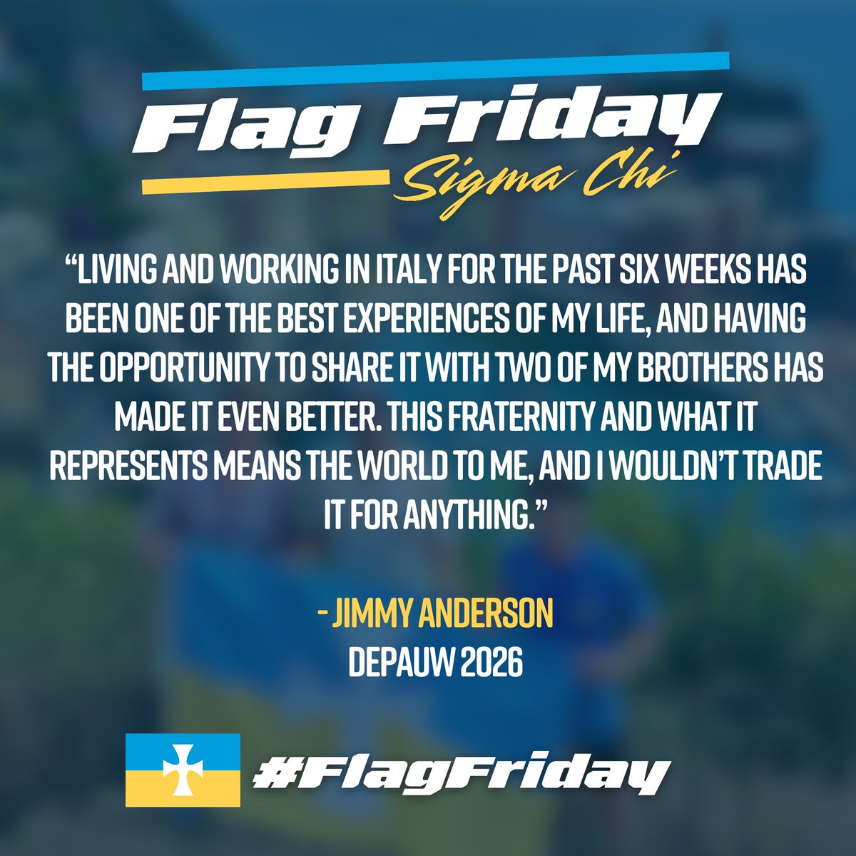 Happy #FlagFriday! Enjoying Italy is this week’s $25 gift card winner to the Sigma Chi Store, Jimmy Anderson, DEPAUW 2026, alongside his fellow chapter brothers. Swipe to see what he had to say ➡️ Send us your best photos via DM or by using #sigmachi and #flagfriday.