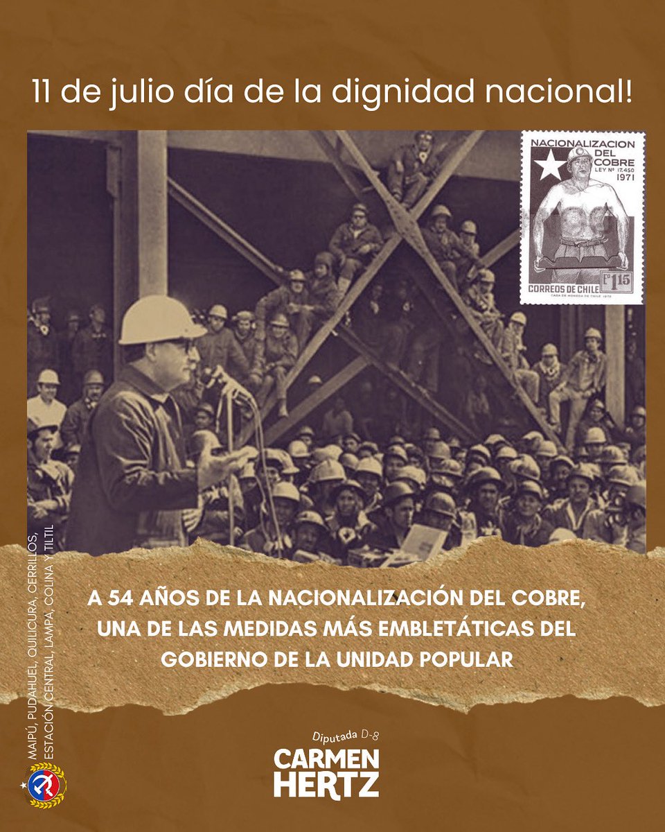 carmen_hertz's tweet photo. 🇨🇱Día de la Dignidad Nacional! Hace 54 años, el pueblo de Chile dijo con fuerza: ¡el cobre para Chile! El 11 de julio de 1971 se nacionalizó el cobre, en una decisión histórica liderada por el presidente Salvador Allende. Fue un acto de soberanía, justicia y dignidad: recuperar nuestros recursos naturales para ponerlos al servicio del desarrollo y no del lucro extranjero.

#DíaDeLaDignidadNacional #CobreParaChile #SoberaníaPopular #AllendeVive