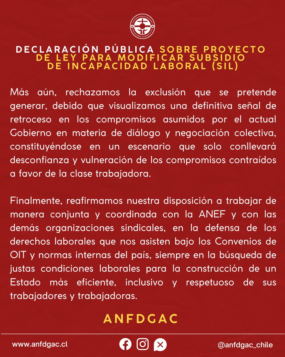 🔴Declaración Pública sobre proyecto de ley para modificar Subsidio de Incapacidad Laboral (SIL)

#ANFDGAC #ANEF #SIL