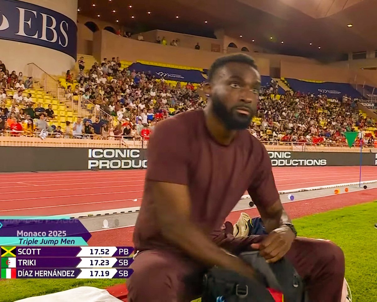 Jordan Scott 🇯🇲 landed a big PB of 17.52m (1.9) to win the men's Triple Jump at the Monaco Diamond League!

He is on a roll. That's his 4th Diamond League win in 2025!

Yasser Triki 🇩🇿 was 2nd with 17.23m, while Andy Diaz Hernandez 🇮🇹 jumped 17.19m to finish 3rd.