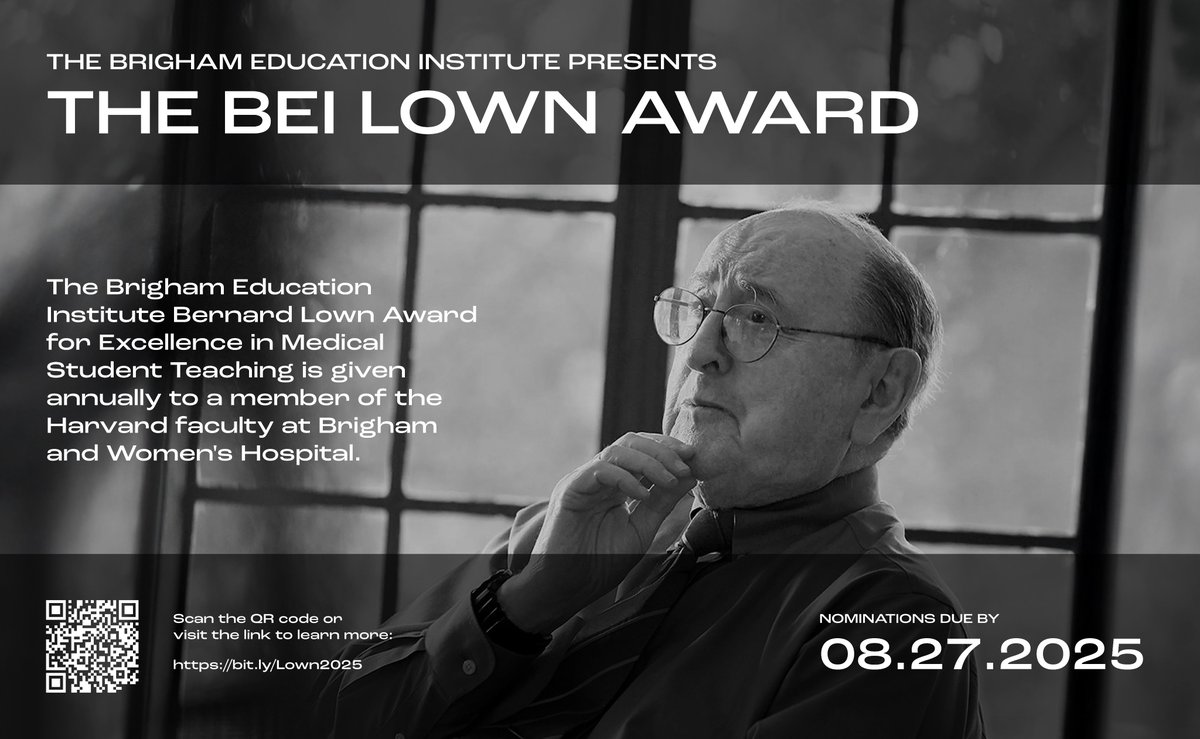 Brigham Education Institute (@brighambei) on Twitter photo Call for nominations for the #BrighamBEI Bernard Lown Award for Excellence in Medical Student Teaching! Nominations are due by August 27th, 2025!
Submit nominations below:
bit.ly/Lown2025
#MedEd
<a href="/BrighamWomens/">Brigham and Women's Hospital</a> Call for nominations for the #BrighamBEI Bernard Lown Award for Excellence in Medical Student Teaching! Nominations are due by August 27th, 2025!
Submit nominations below:
bit.ly/Lown2025
#MedEd
<a href="/BrighamWomens/">Brigham and Women's Hospital</a>