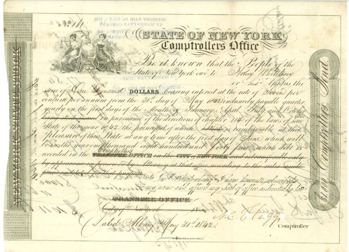 From the Origins of Value Virtual Museum: One thousand dollar State of NY Comptrollers Office bond, 7% interest per year, 1842. bit.ly/3GDnGbT #ICF_FinancialHistoryFriday