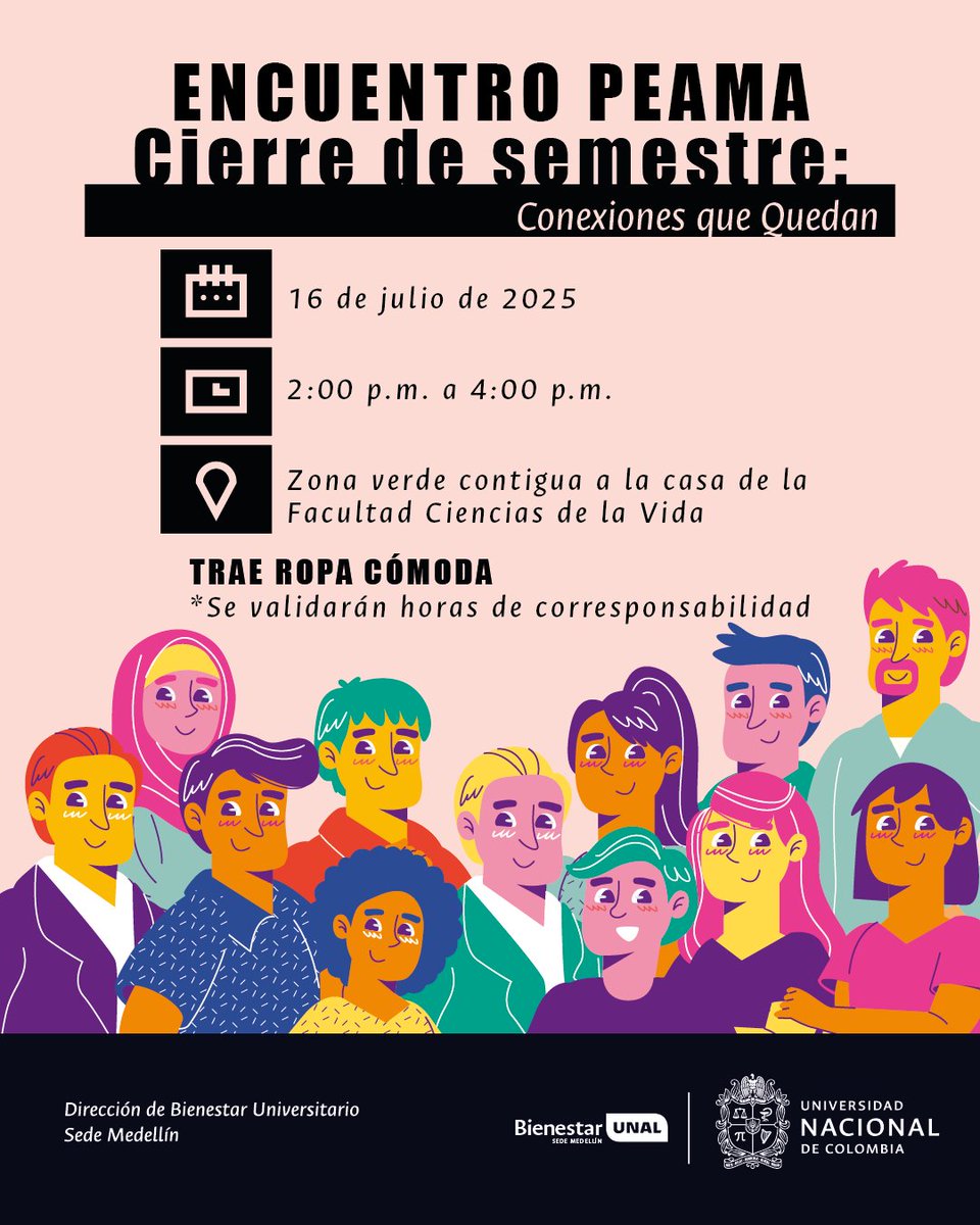 ¡Nos despedimos del semestre con conexión y buena energía! 🌿✨
Este 16 de julio te esperamos en el Encuentro PEAMA: Conexiones que Quedan. Un espacio para compartir, cerrar ciclos y celebrar lo vivido.
#SomosBienestarUNAL