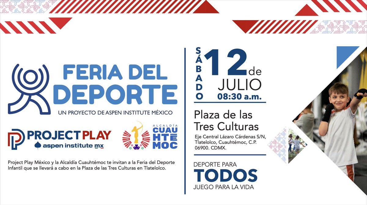 Aspen Institute México (@aspenmexico) on Twitter photo ¡Es Mañana! Project Play México y la <a href="/AlcCuauhtemocMx/">Alcaldía Cuauhtémoc</a> traen la Feria del Deporte Infantil que se llevará a cabo el sábado 12 de julio de 2025 a las 8:30 am en la Plaza de las Tres Culturas.
¡Te esperamos!
Evento gratuito dirigido a niñas y niños. ¡Es Mañana! Project Play México y la <a href="/AlcCuauhtemocMx/">Alcaldía Cuauhtémoc</a> traen la Feria del Deporte Infantil que se llevará a cabo el sábado 12 de julio de 2025 a las 8:30 am en la Plaza de las Tres Culturas.
¡Te esperamos!
Evento gratuito dirigido a niñas y niños.