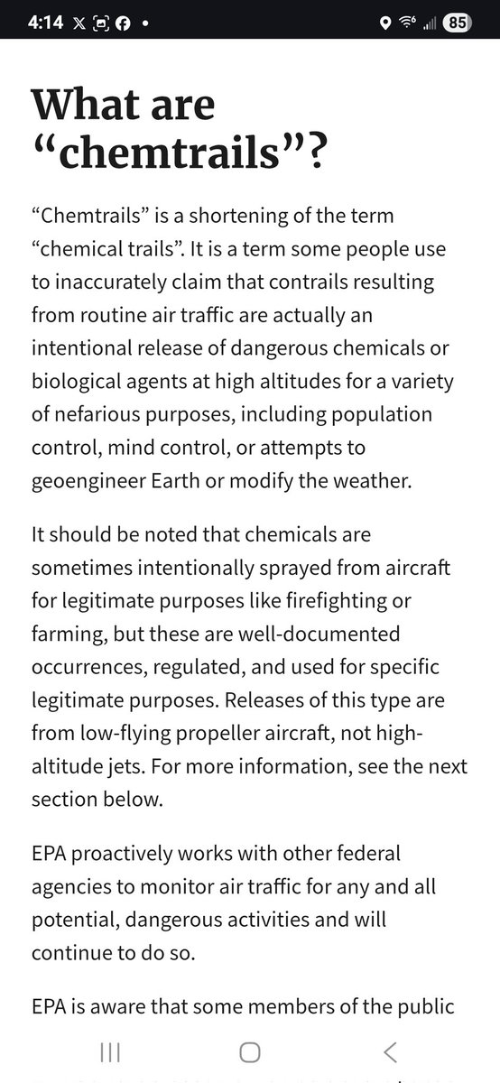 Oooh you guys are going to be pissed.. EPA updated their info yesterday. It says the there's nothing netharious going on other than planes spraying farms for agriculture. Says chemtrails aren't real, haarp is innocent &amp; even gives you lessons on contrails. Omfg 🤦‍♀️