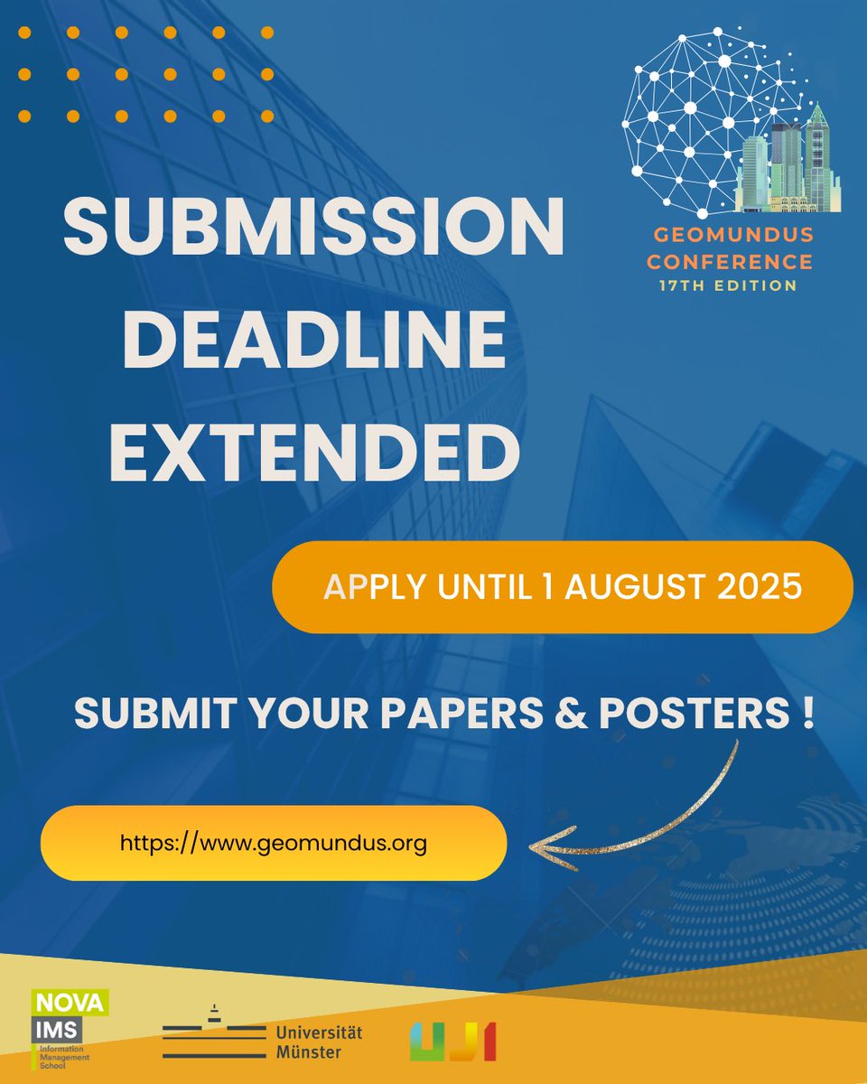 📣 Submission Deadline Extended! 📣
The submission deadline for papers and posters for Geomundus Conference 2025 has been extended.

📌 New Deadline: 1st August 2025
🔗 Submit now: geomundus.org/submissions

#gis #geotech #geo #tech #portugal #lisbon #Lisboa