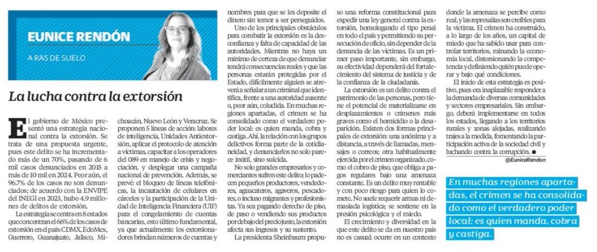 NosotrxsMX's tweet image. #Opinión
La lucha contra la extorsión, texto de Eunice Rendón | @EuniceRendon
Leer en @El_Universal_Mx 👇🏼
eluniversal.com.mx/opinion/eunice…