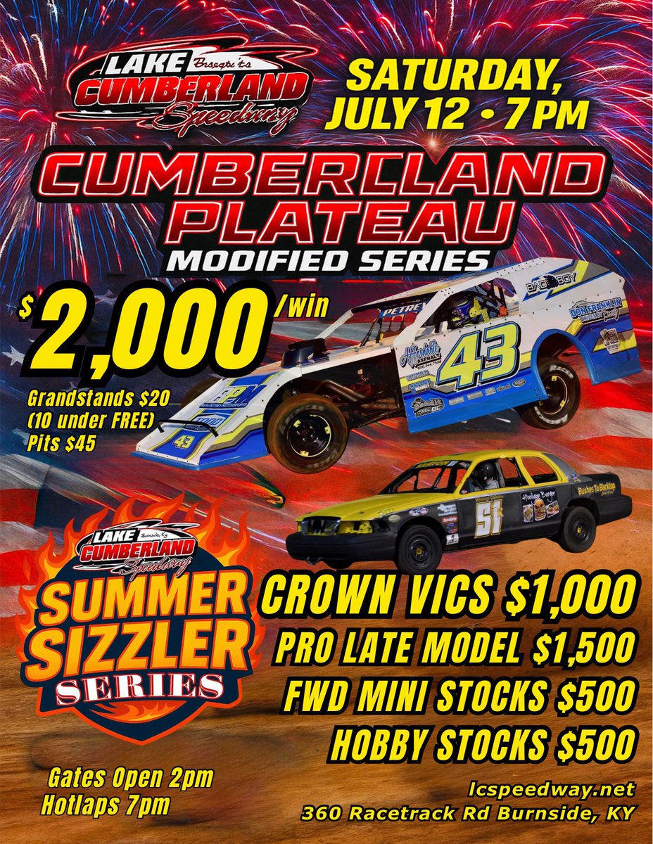 LCSpeedway (@lc_speedway) on Twitter photo 1 day away! Cumberland Plateau Modifieds, PLUS, <a href="/lc_speedway/">LCSpeedway</a> #SummerSizzlerSeries! Pro Late Models $1,500
Crown Vics $1,000
FWD $500
Hobby Stocks $500
Hotlaps 7pm!
LCSPEEDWAY.NET 1 day away! Cumberland Plateau Modifieds, PLUS, <a href="/lc_speedway/">LCSpeedway</a> #SummerSizzlerSeries! Pro Late Models $1,500
Crown Vics $1,000
FWD $500
Hobby Stocks $500
Hotlaps 7pm!
LCSPEEDWAY.NET