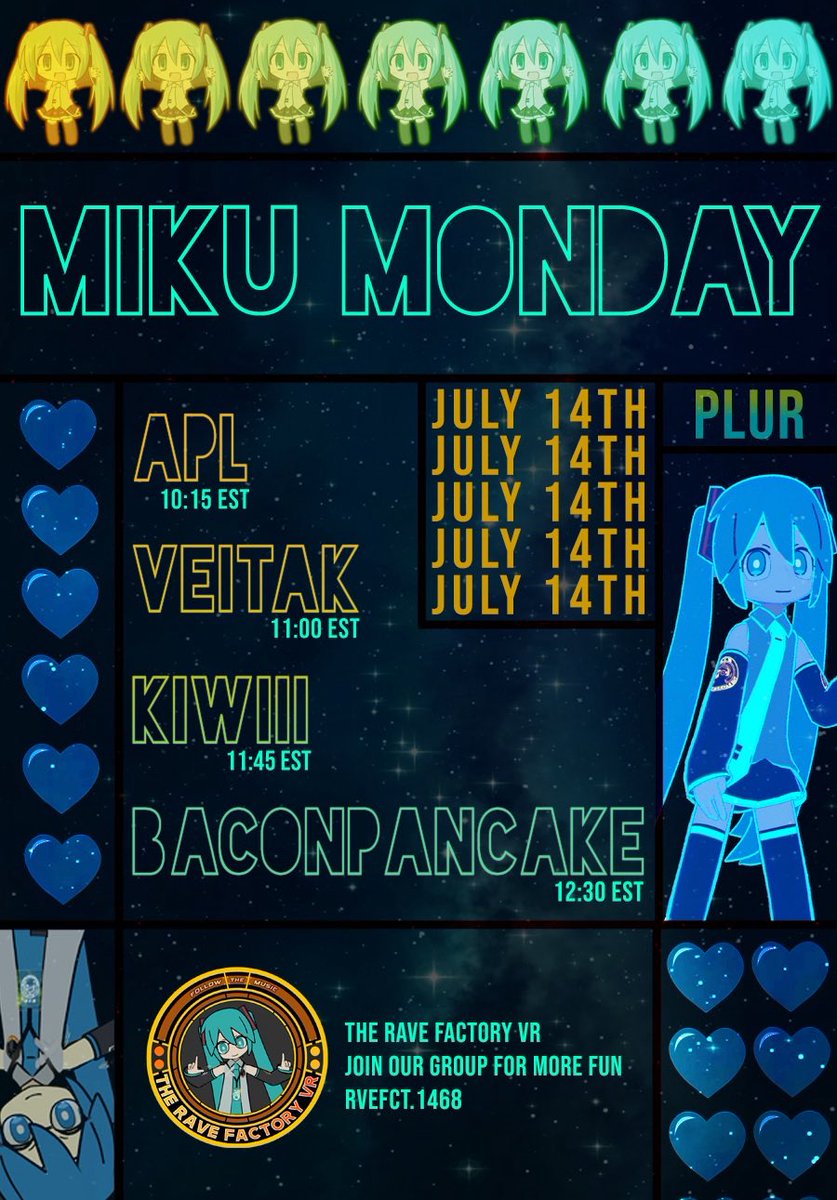 π§ Douglasπ―aka ThehomieDouggie (@thehomiedouggie) on Twitter photo This coming Monday, MIKU MONDAY RETUNS @ The Rave Factory VR
Lineup
<a href="/aplvrc/">apl</a>
<a href="/Veitak_/">β§VEITAKβ§</a>
<a href="/kiwiiiVR/">kiwiii</a>
<a href="/BaconPancake62/">BaconPancake</a>
VRC Group
vrc.group/RVEFCT.1468
Discord
discord.gg/RAVEFACTORYVR
#VRChat
P.L.U.R.
FOLLOW THE MUSIC This coming Monday, MIKU MONDAY RETUNS @ The Rave Factory VR
Lineup
<a href="/aplvrc/">apl</a>
<a href="/Veitak_/">β§VEITAKβ§</a>
<a href="/kiwiiiVR/">kiwiii</a>
<a href="/BaconPancake62/">BaconPancake</a>
VRC Group
vrc.group/RVEFCT.1468
Discord
discord.gg/RAVEFACTORYVR
#VRChat
P.L.U.R.
FOLLOW THE MUSIC