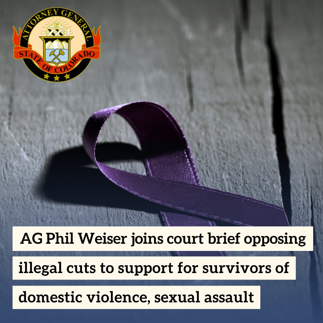 COAttnyGeneral's tweet image. The Violence Against Women Act helps law enforcement and state and local programs support survivors of domestic violence and sexual assault. AG Weiser is joining 21 other AGs in support of a lawsuit seeking to block illegal cuts to VAWA funding. Read more: bit.ly/4lpfDyH