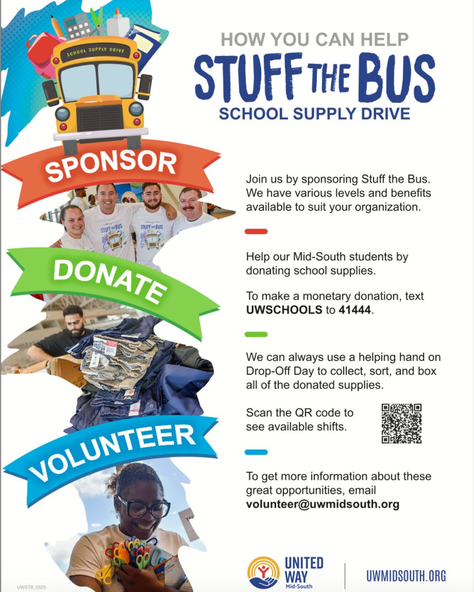 Join Us in Preparing for Back to School
United Way’s Stuff the Bus is back to support MSCS students with school supplies.

Drop off donations throughout July at participating locations.
The Big Drop-Off Day is Friday, August 1, from 12–3 PM
Memphis Sports &amp; Events Center