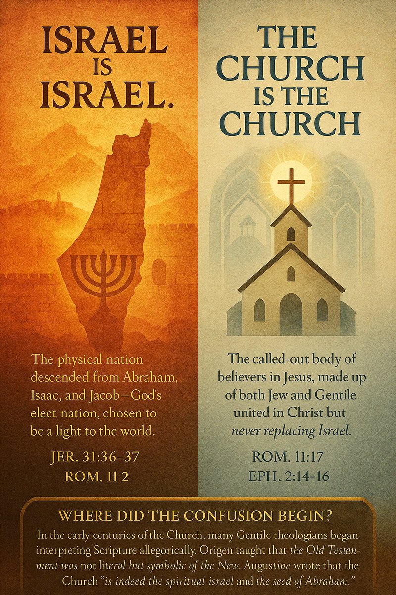 wilson_mar11767's tweet image. ✡️ Israel Is Israel.
The Church Is the Church.
God doesn’t confuse His covenants—neither should we.
—
When God says “Israel,” He means Israel—not a metaphor, not the Church in disguise.
From Genesis to Revelation, Israel refers to the physical descendants of Abraham, Isaac,…