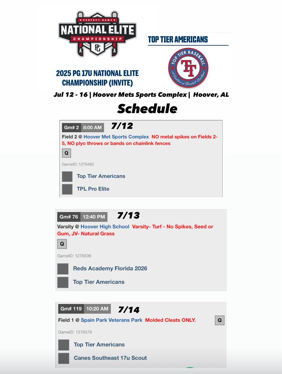 ChaseWilk57's tweet image. Playing for Top Tier Americans 17U Team this weekend in Hoover AL.
My schedule is below.
@TopTierBaseball - @TopTier_HQ