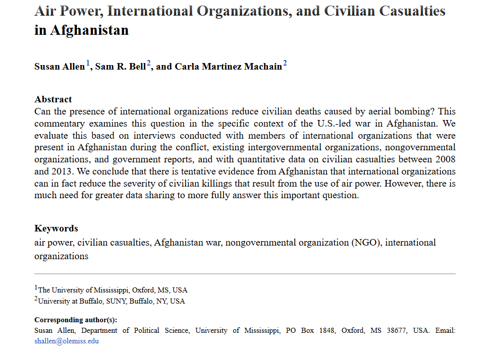 AFS_SAGE's tweet image. Check out this article from our Afghanistan war symposium: Air Power, International Organizations, and Civilian Casualties in Afghanistan - Susan Allen (@lady_professor) Sam R. Bell (@SamRBell) Carla Martinez Machain (@carlammm) #OpenAccess #SpecialIssue journals.sagepub.com/doi/full/10.11…