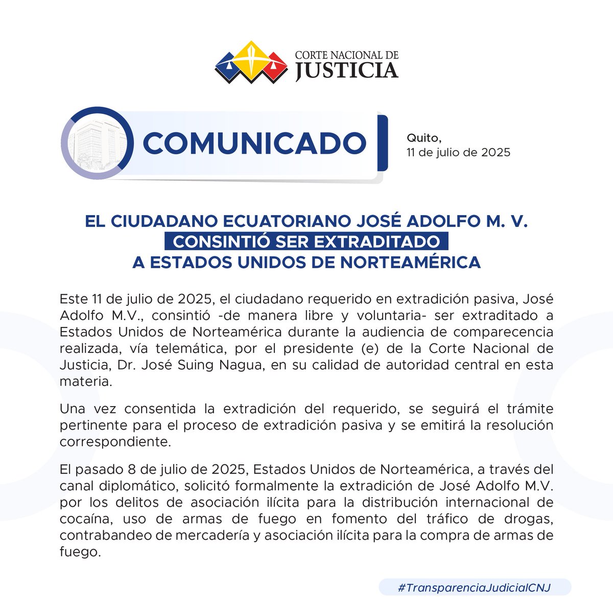 CorteNacional's tweet photo. 🚨 #ATENCIÓN | El ciudadano ecuatoriano José Adolfo M. V. consintió ser extraditado a Estados Unidos de Norteamérica. https://t.co/Vtyy5Aw6vP