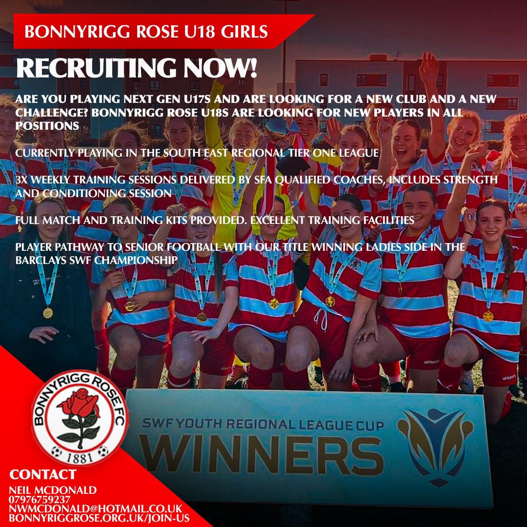 Looking 👀👀👀 to strengthen the squad in all positions with the potential to push on and earn a place in Bonnyrigg Rose’s fantastic Championship Ladies side.🌹⚽️🌹.