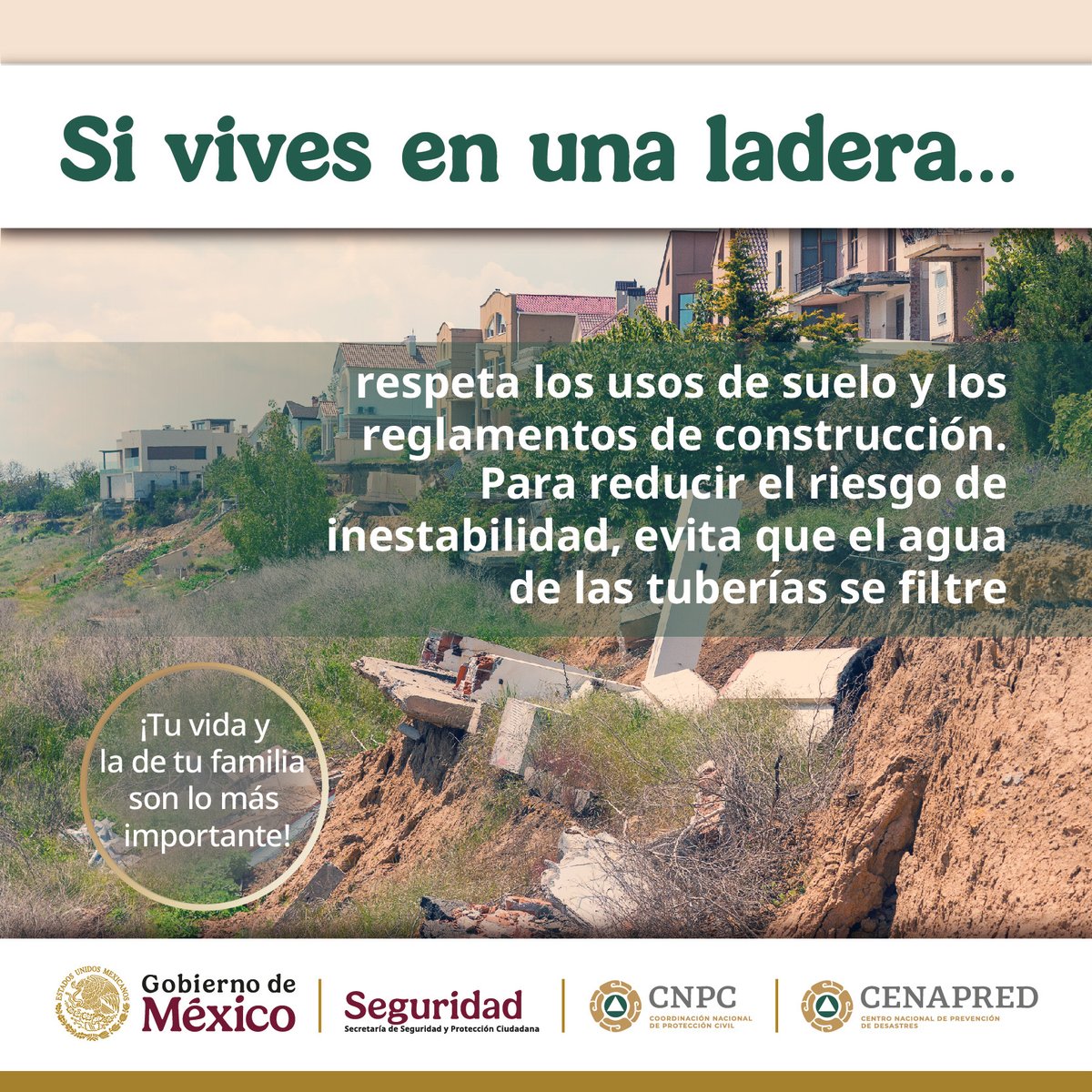 CNPC_MX's tweet image. ¡NO construyas #riesgos! 🚫🙅🏻‍♀️❌

 👷‍♀️👷‍♂️ Revisa bien la zona donde edificarás tu vivienda o instalarás tu lugar de trabajo. Antes de iniciar, consulta a #ProtecciónCivil de tu localidad.