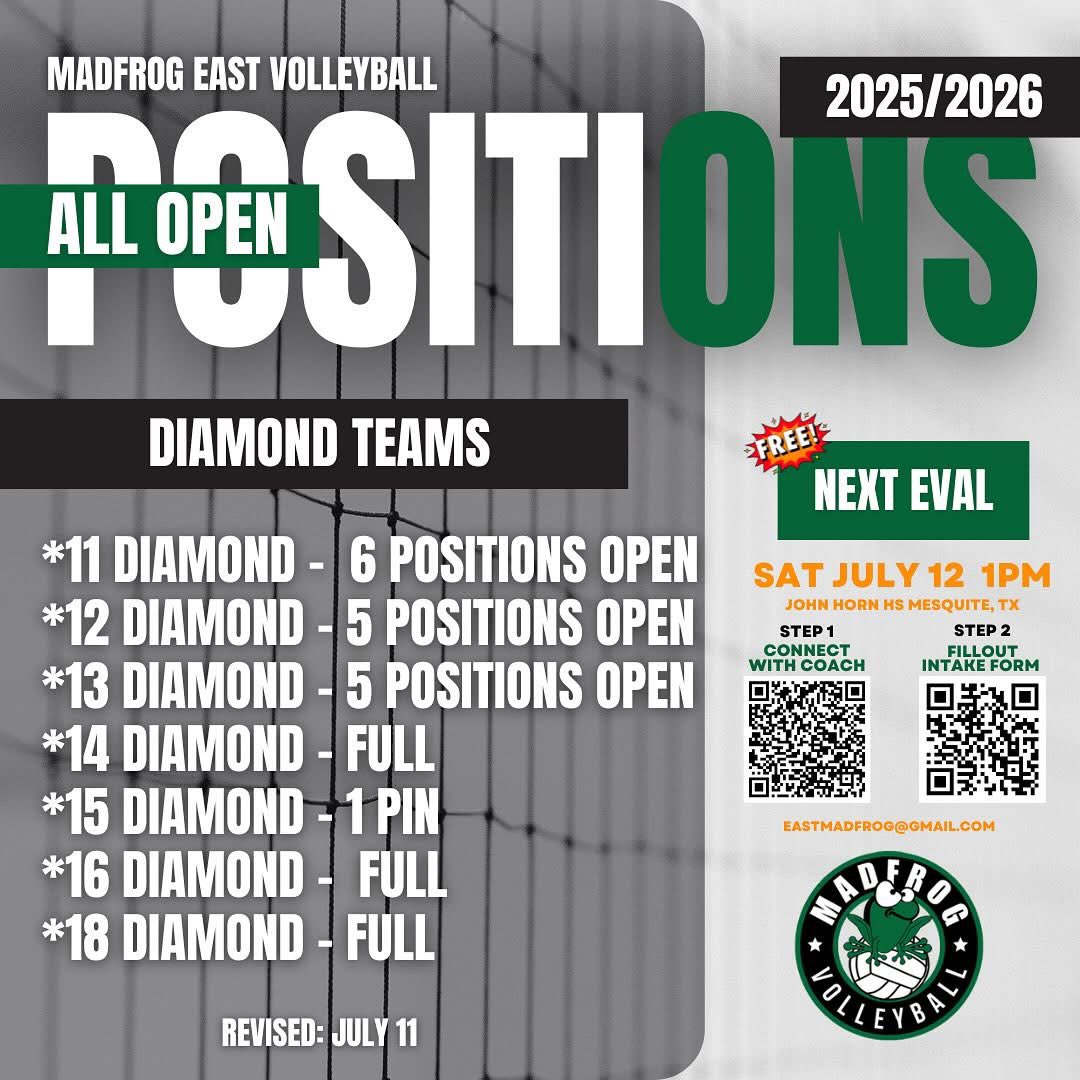 Madfrogeast's tweet photo. We’re still looking to fill the final few spots on select MadFrog East Diamond &amp; Emerald Club Teams for the 25-26 season! 💚🐸

📅 Saturday, July 12 at 1PM
📍 John Horn High School – Mesquite, TX
💰 $0 Fee 

📧 Questions? Email: eastmadfrog@gmail.com https://t.co/qzgK4kSi7k