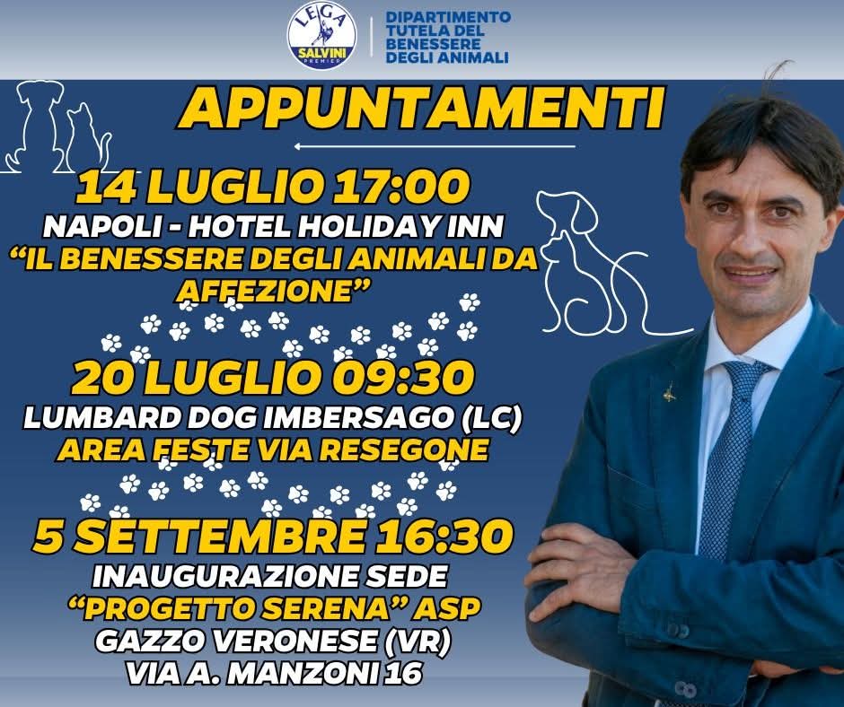 🐾 #TOUR A "#4ZAMPE" PER L'#ITALIA...
UN'#ESTATE RICCA DI #EVENTI !!

Cari #amici,ecco le mie prossime #presenze con gli appuntamenti del "#Dipartimento #Tutela del #Benessere degli #Animali".
Da #Sud a #Nord, a 4 zampe, non ci dimentichiamo mai di loro!!

facebook.com/share/p/16cJ3s…